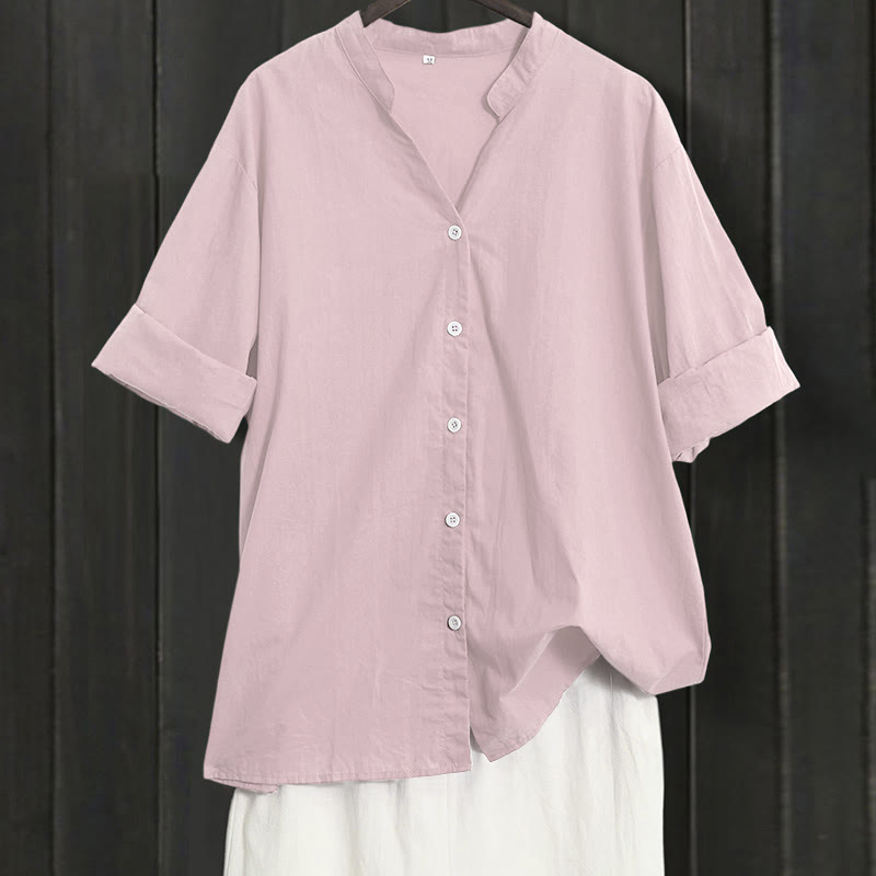 Koszula damska z bawełny i lnu Buddha Stones Summer Casual Plain Breasted Collared Short Sleeve - MistyRose - US20, UK/AU24, EU52 (5XL) - image 36
