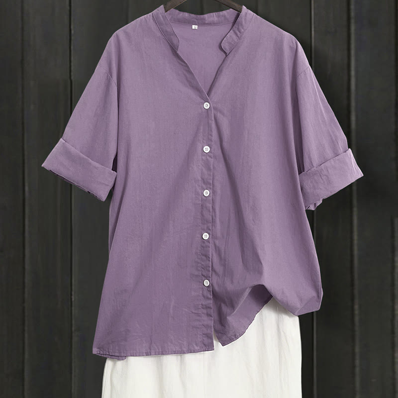 Koszula damska z bawełny i lnu Buddha Stones Summer Casual Plain Breasted Collared Short Sleeve - MediumOrchid - US20, UK/AU24, EU52 (5XL) - image 42