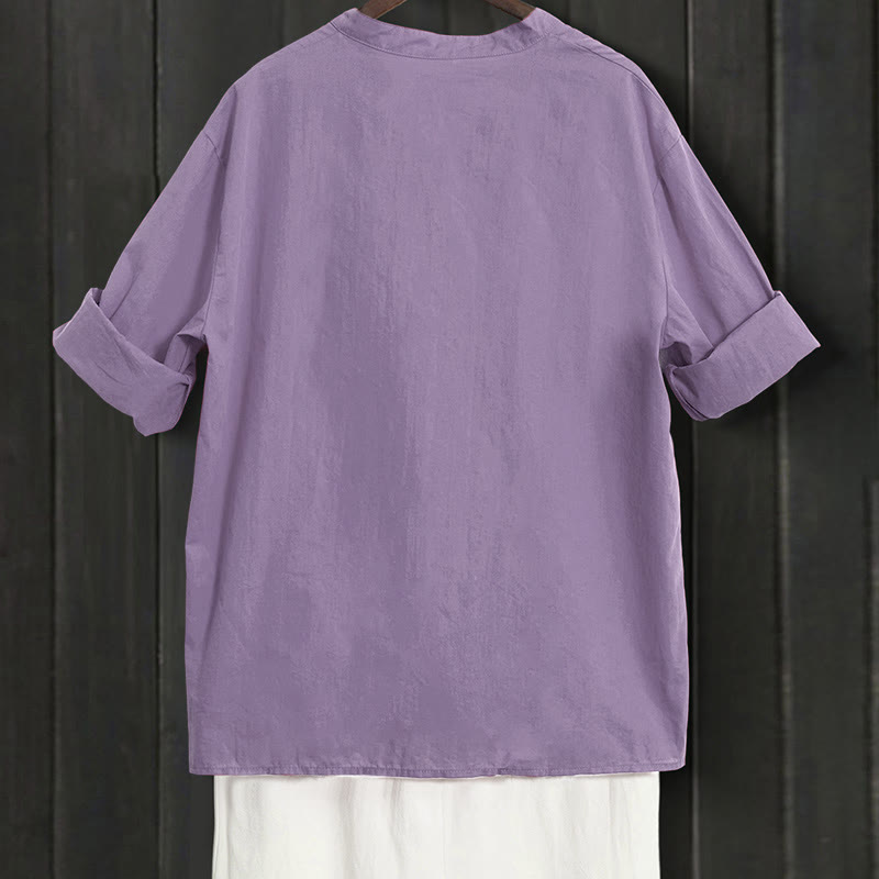Koszula damska z bawełny i lnu Buddha Stones Summer Casual Plain Breasted Collared Short Sleeve - image 43