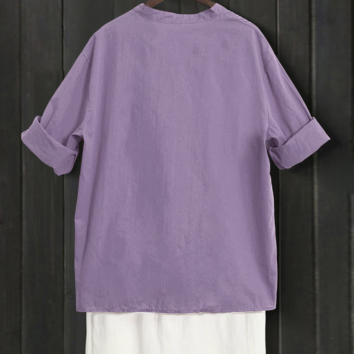 Koszula damska z bawełny i lnu Buddha Stones Summer Casual Plain Breasted Collared Short Sleeve - image 43