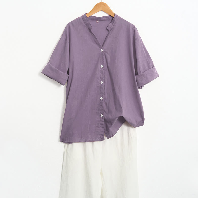 Koszula damska z bawełny i lnu Buddha Stones Summer Casual Plain Breasted Collared Short Sleeve - image 47