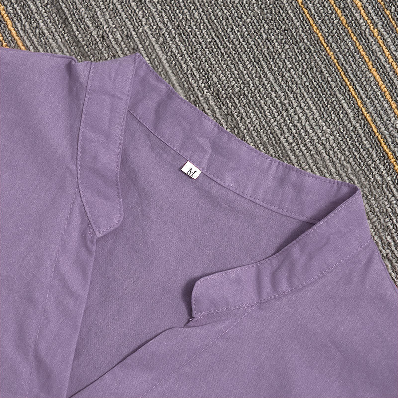 Koszula damska z bawełny i lnu Buddha Stones Summer Casual Plain Breasted Collared Short Sleeve - image 44