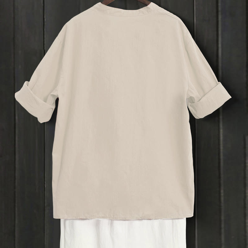 Koszula damska z bawełny i lnu Buddha Stones Summer Casual Plain Breasted Collared Short Sleeve - image 49