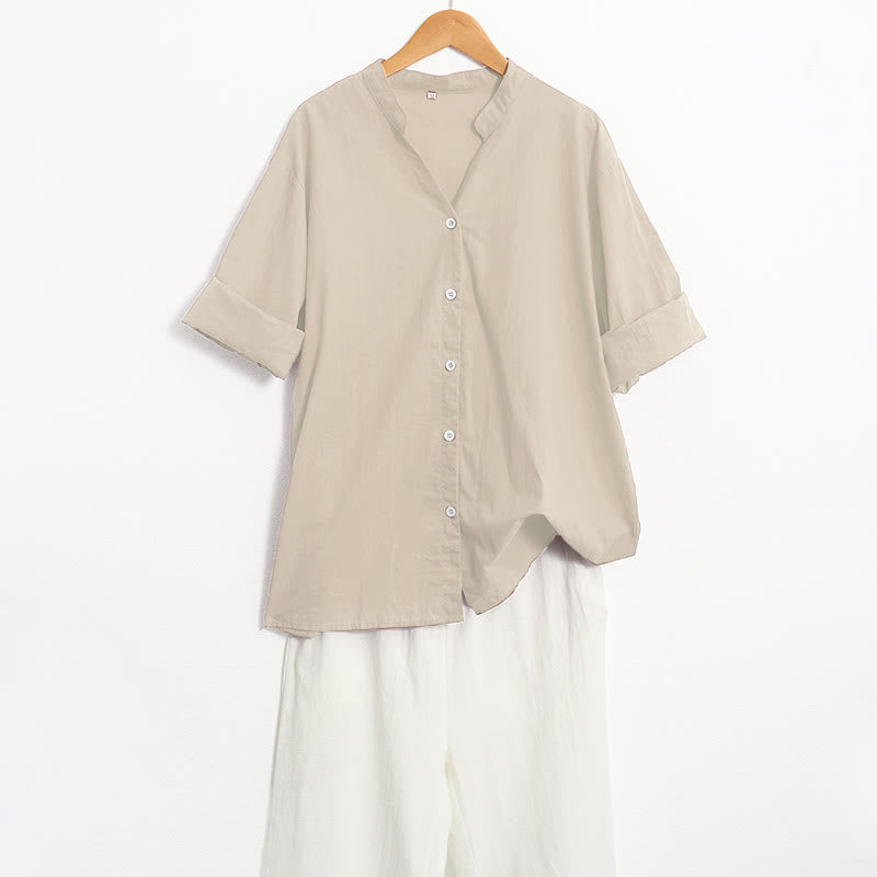 Koszula damska z bawełny i lnu Buddha Stones Summer Casual Plain Breasted Collared Short Sleeve - image 53