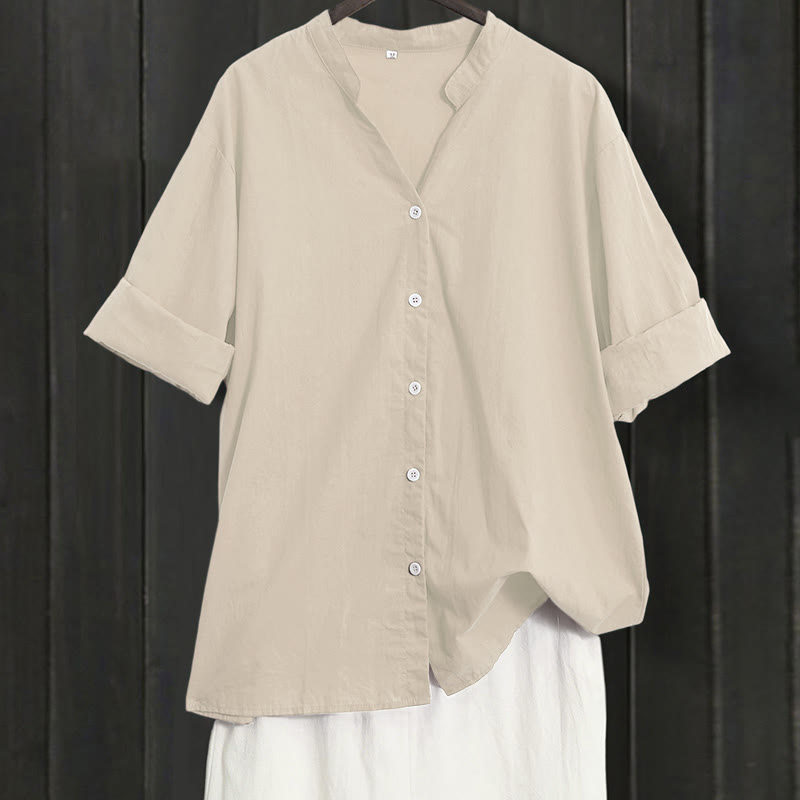 Koszula damska z bawełny i lnu Buddha Stones Summer Casual Plain Breasted Collared Short Sleeve - Jasnozłoty - US20, UK/AU24, EU52 (5XL) - image 48