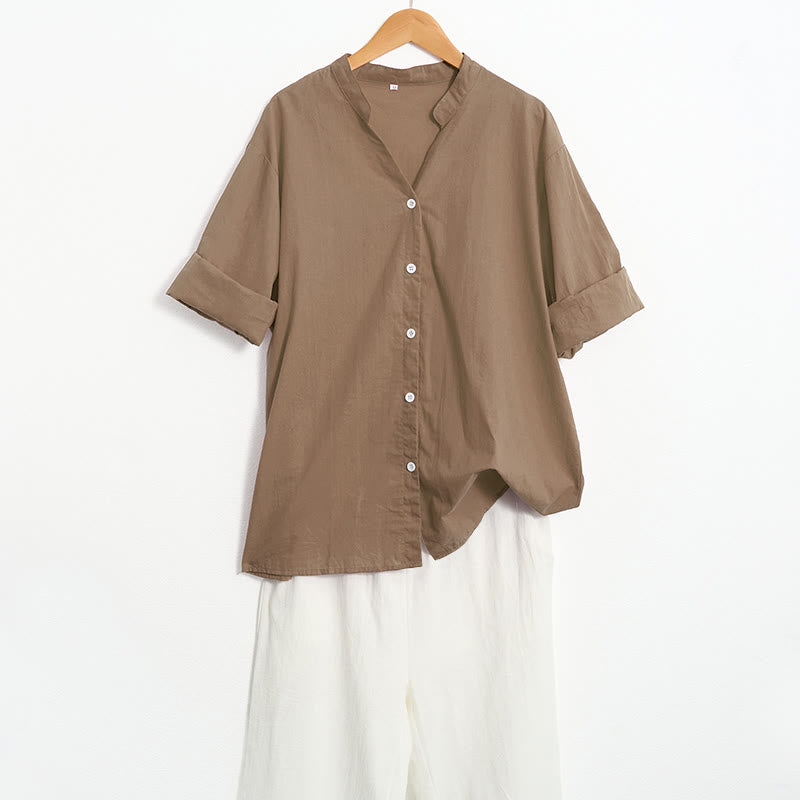 Koszula damska z bawełny i lnu Buddha Stones Summer Casual Plain Breasted Collared Short Sleeve - image 59