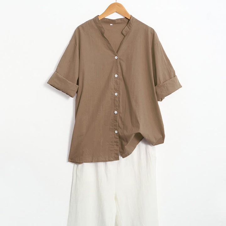 Koszula damska z bawełny i lnu Buddha Stones Summer Casual Plain Breasted Collared Short Sleeve - image 59