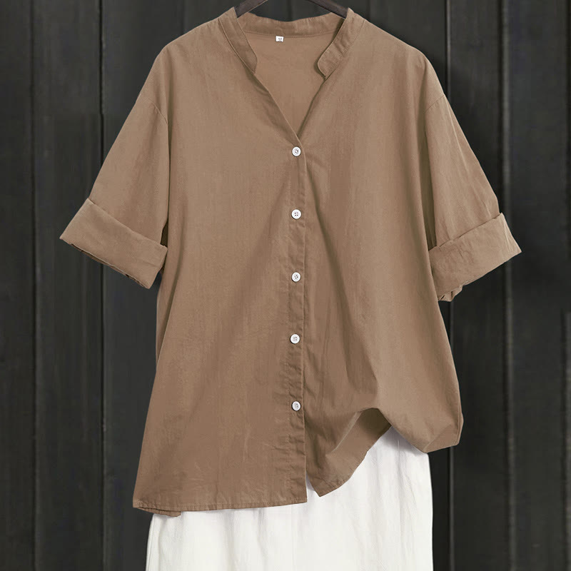 Koszula damska z bawełny i lnu Buddha Stones Summer Casual Plain Breasted Collared Short Sleeve - DarkGoldenrod - US20, UK/AU24, EU52 (5XL) - image 54