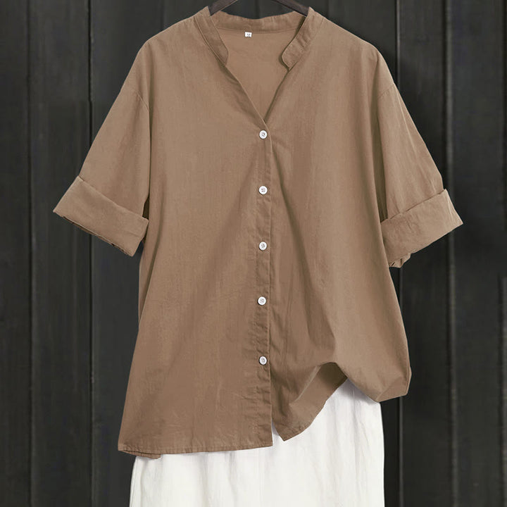 Koszula damska z bawełny i lnu Buddha Stones Summer Casual Plain Breasted Collared Short Sleeve - DarkGoldenrod - US20, UK/AU24, EU52 (5XL) - image 54