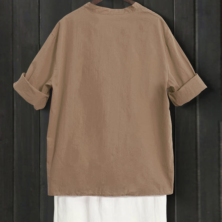 Koszula damska z bawełny i lnu Buddha Stones Summer Casual Plain Breasted Collared Short Sleeve - image 55