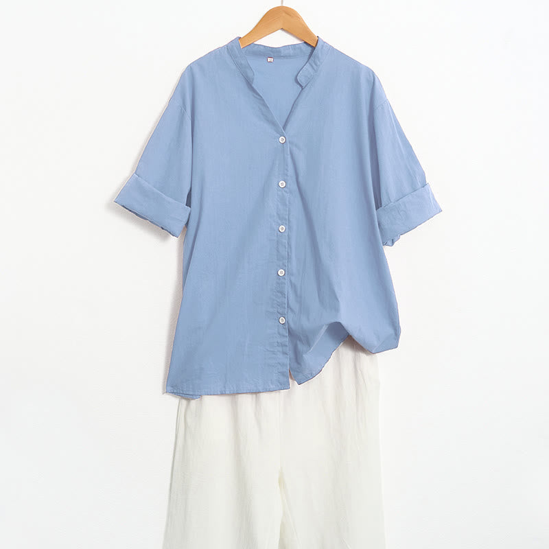 Koszula damska z bawełny i lnu Buddha Stones Summer Casual Plain Breasted Collared Short Sleeve - image 65