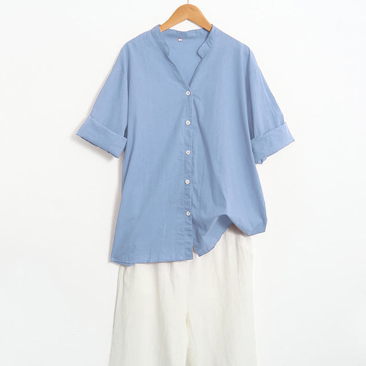 Koszula damska z bawełny i lnu Buddha Stones Summer Casual Plain Breasted Collared Short Sleeve - image 65