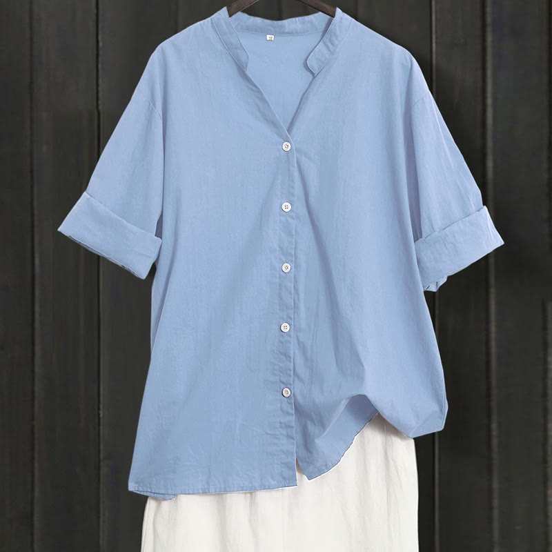 Koszula damska z bawełny i lnu Buddha Stones Summer Casual Plain Breasted Collared Short Sleeve - LightSteelBlue - US20, UK/AU24, EU52 (5XL) - image 60