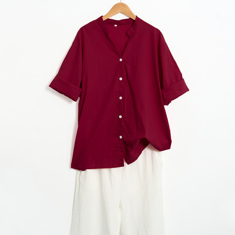 Koszula damska z bawełny i lnu Buddha Stones Summer Casual Plain Breasted Collared Short Sleeve - image 71