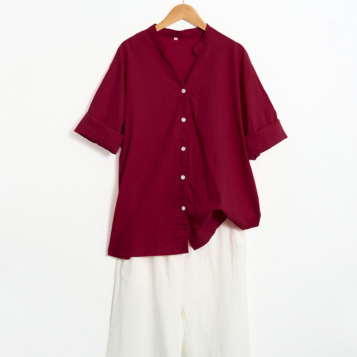 Koszula damska z bawełny i lnu Buddha Stones Summer Casual Plain Breasted Collared Short Sleeve - image 71
