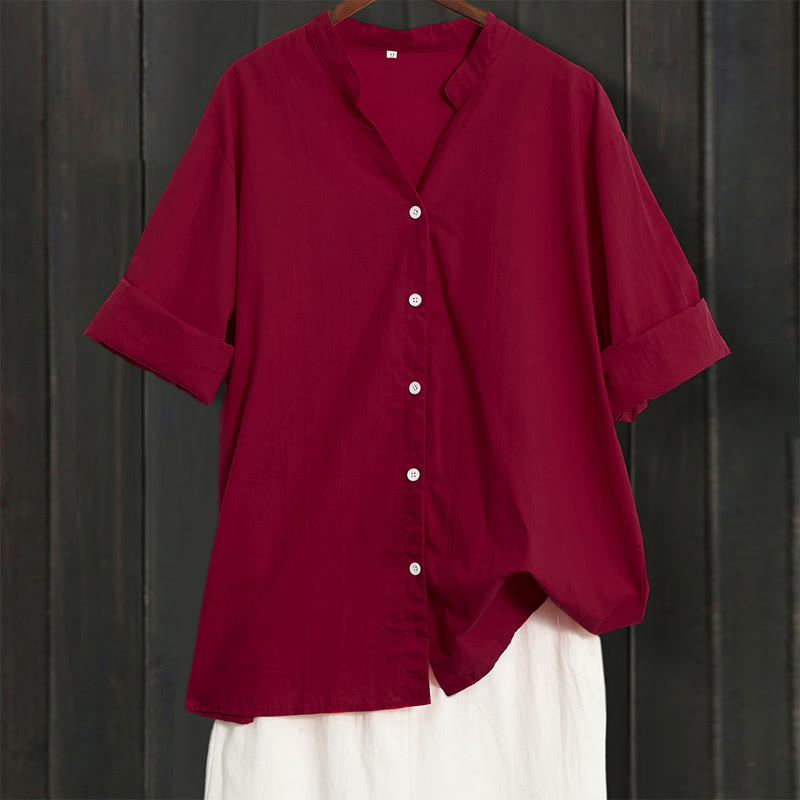 Koszula damska z bawełny i lnu Buddha Stones Summer Casual Plain Breasted Collared Short Sleeve - IndianRed - US20, UK/AU24, EU52 (5XL) - image 66