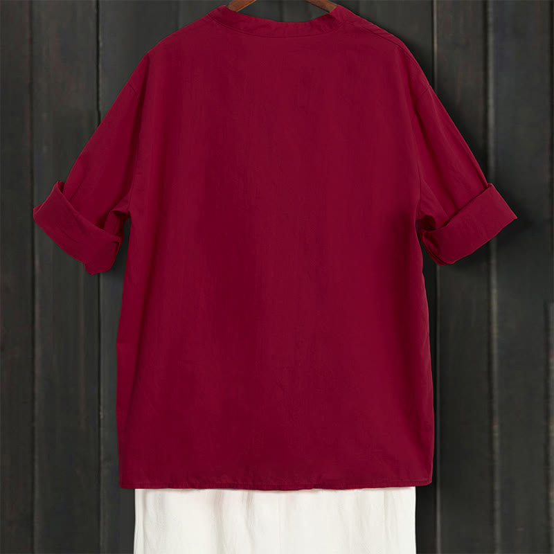 Koszula damska z bawełny i lnu Buddha Stones Summer Casual Plain Breasted Collared Short Sleeve - image 67