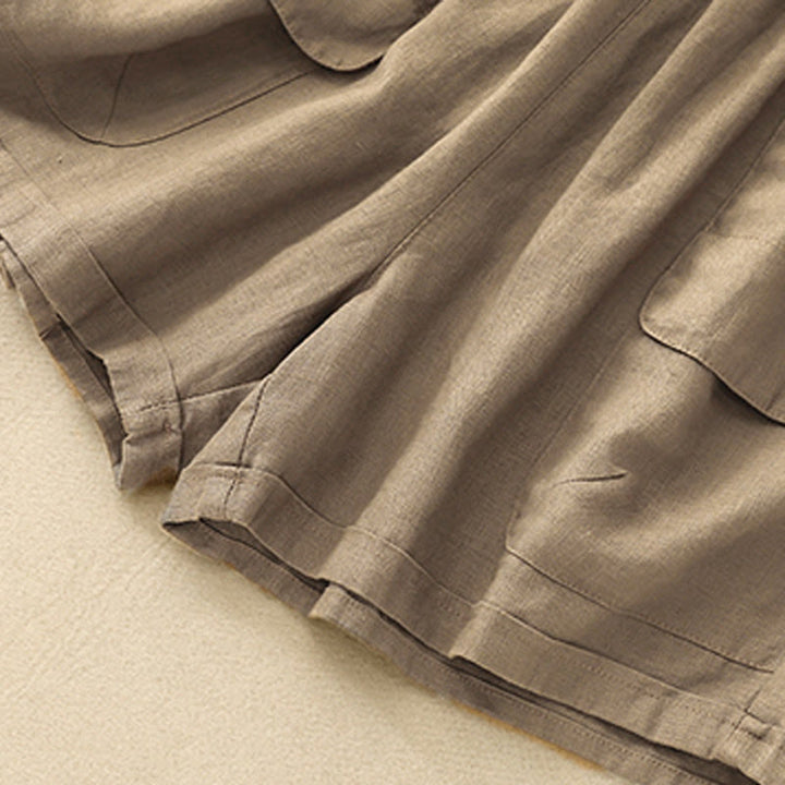 Buddha Stones Letnie swobodne gładkie bawełniane lniane damskie elastyczne proste szorty z kieszeniami - image 5