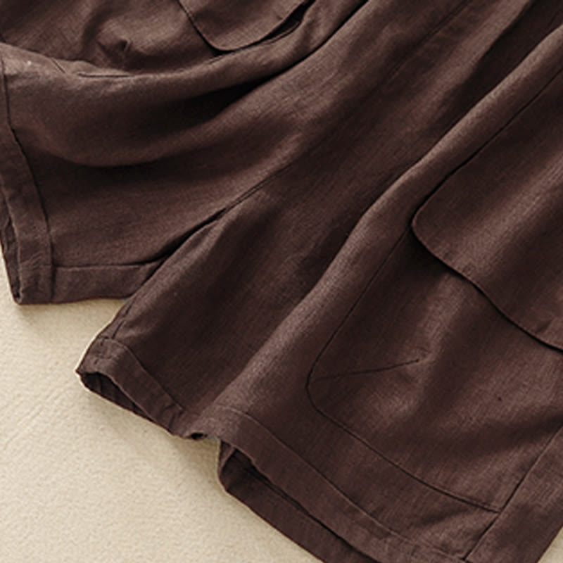 Buddha Stones Letnie swobodne gładkie bawełniane lniane damskie elastyczne proste szorty z kieszeniami - image 10