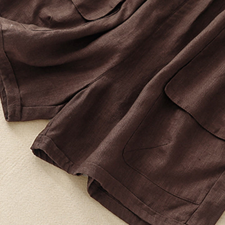 Buddha Stones Letnie swobodne gładkie bawełniane lniane damskie elastyczne proste szorty z kieszeniami - image 10