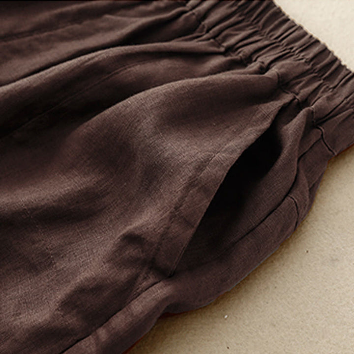 Buddha Stones Letnie swobodne gładkie bawełniane lniane damskie elastyczne proste szorty z kieszeniami - image 7