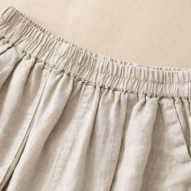 Buddha Stones Letnie swobodne gładkie bawełniane lniane damskie elastyczne proste szorty z kieszeniami - image 18