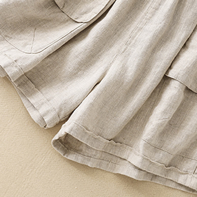 Buddha Stones Letnie swobodne gładkie bawełniane lniane damskie elastyczne proste szorty z kieszeniami - image 15