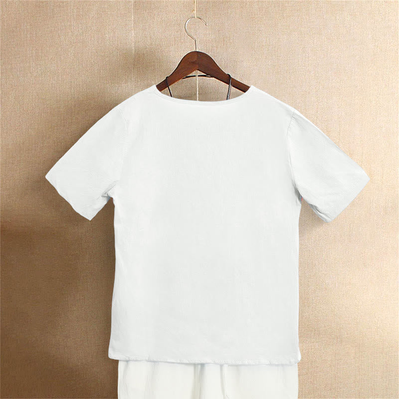 Buddha Stones Casual Lato Czysty Kolor Żakard Guziki Okrągły Dekolt Bawełna Damska Koszulka Z Krótkim Rękawem - image 1