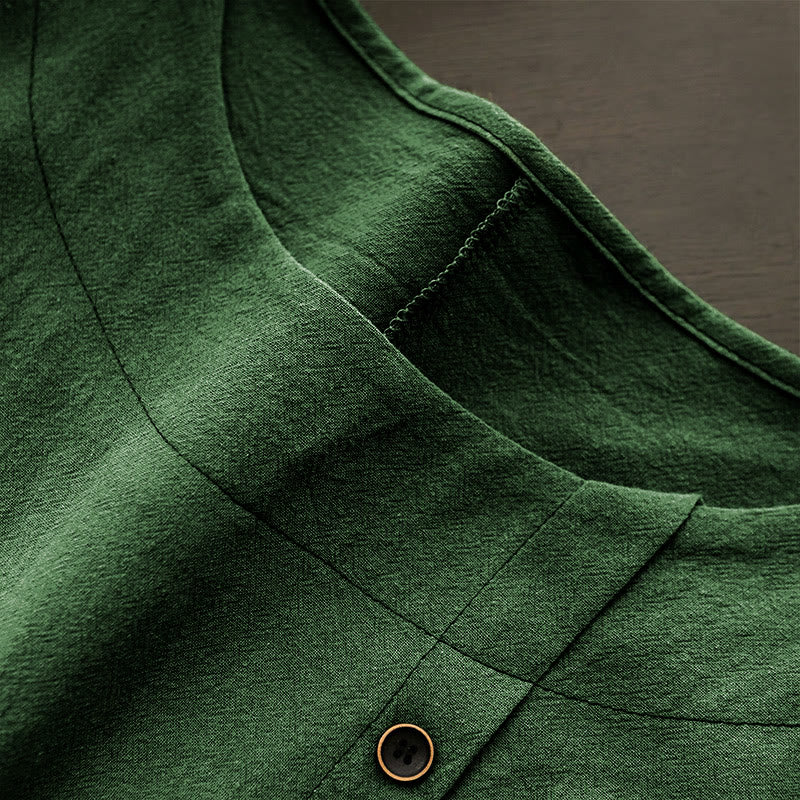 Buddha Stones Casual Lato Czysty Kolor Żakard Guziki Okrągły Dekolt Bawełna Damska Koszulka Z Krótkim Rękawem - image 7