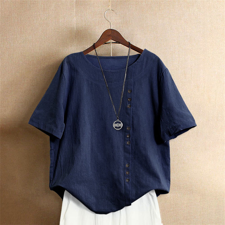 Buddha Stones Casual Lato Czysty Kolor Żakard Guziki Okrągły Dekolt Bawełna Damska Koszulka Z Krótkim Rękawem - Marynarka wojenna - US20, UK/AU24, EU52 (5XL) - image 10