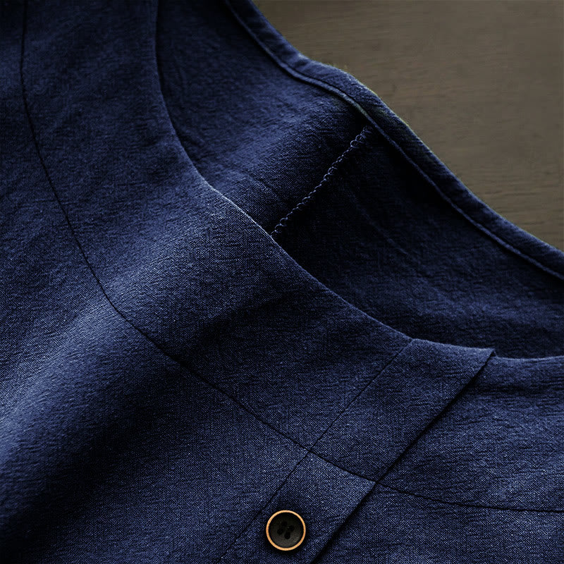 Buddha Stones Casual Lato Czysty Kolor Żakard Guziki Okrągły Dekolt Bawełna Damska Koszulka Z Krótkim Rękawem - image 12