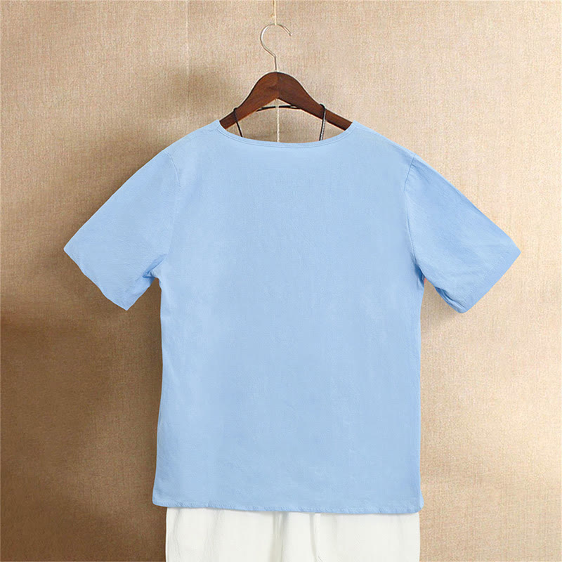 Buddha Stones Casual Lato Czysty Kolor Żakard Guziki Okrągły Dekolt Bawełna Damska Koszulka Z Krótkim Rękawem - image 16