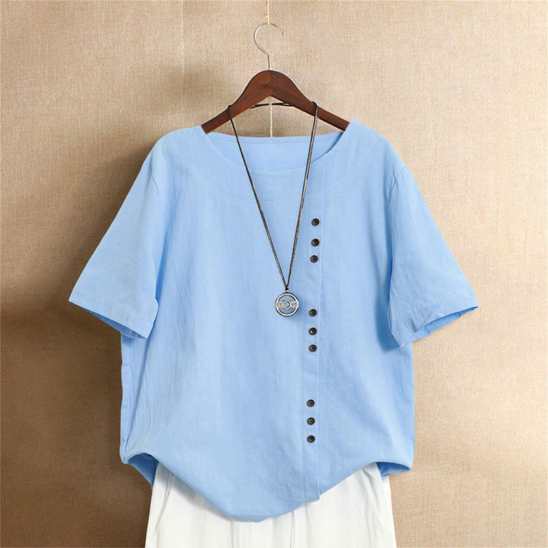 Buddha Stones Casual Lato Czysty Kolor Żakard Guziki Okrągły Dekolt Bawełna Damska Koszulka Z Krótkim Rękawem - LightSkyBlue - US20, UK/AU24, EU52 (5XL) - image 15