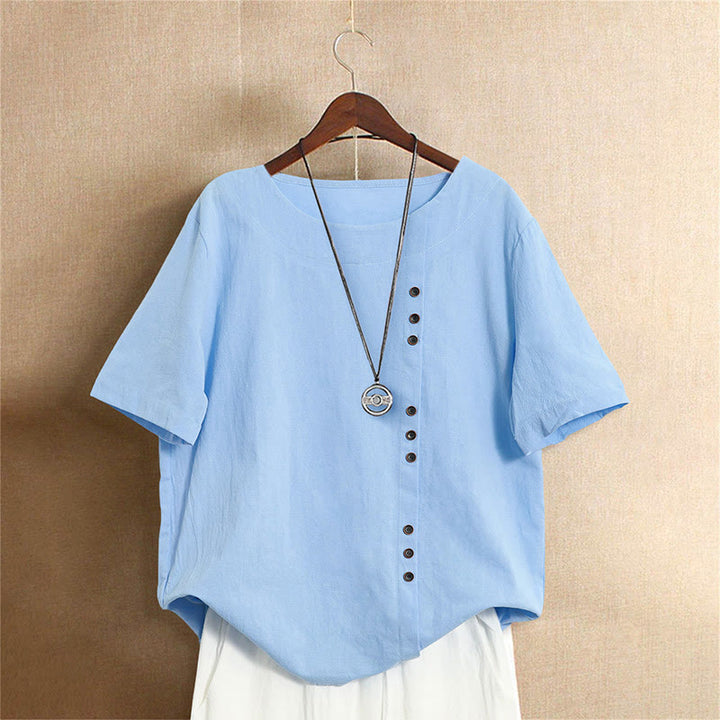 Buddha Stones Casual Lato Czysty Kolor Żakard Guziki Okrągły Dekolt Bawełna Damska Koszulka Z Krótkim Rękawem - LightSkyBlue - US18, UK/AU22, EU50 (5XL) - image 15