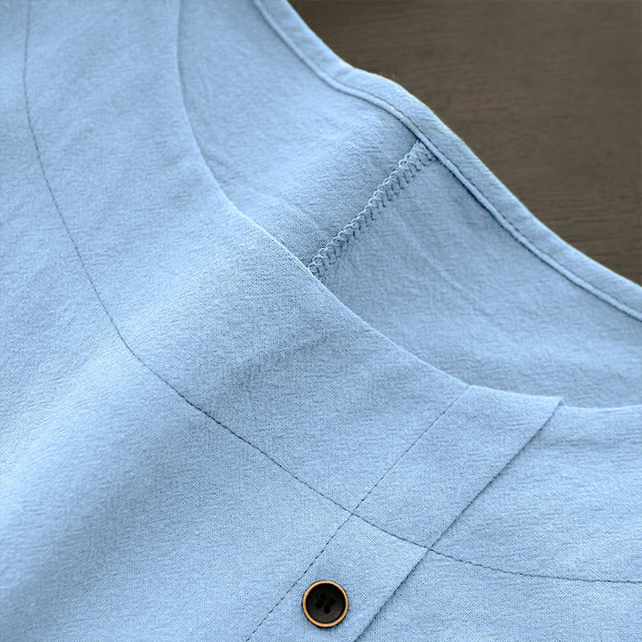 Buddha Stones Casual Lato Czysty Kolor Żakard Guziki Okrągły Dekolt Bawełna Damska Koszulka Z Krótkim Rękawem - image 17