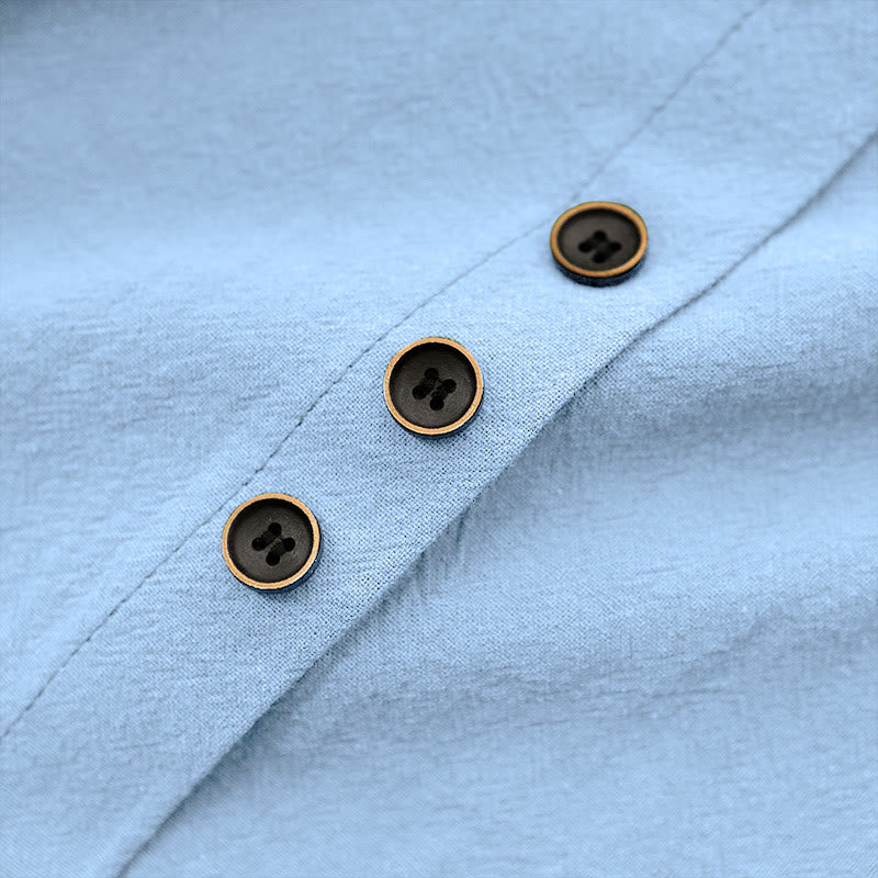 Buddha Stones Casual Lato Czysty Kolor Żakard Guziki Okrągły Dekolt Bawełna Damska Koszulka Z Krótkim Rękawem - image 18