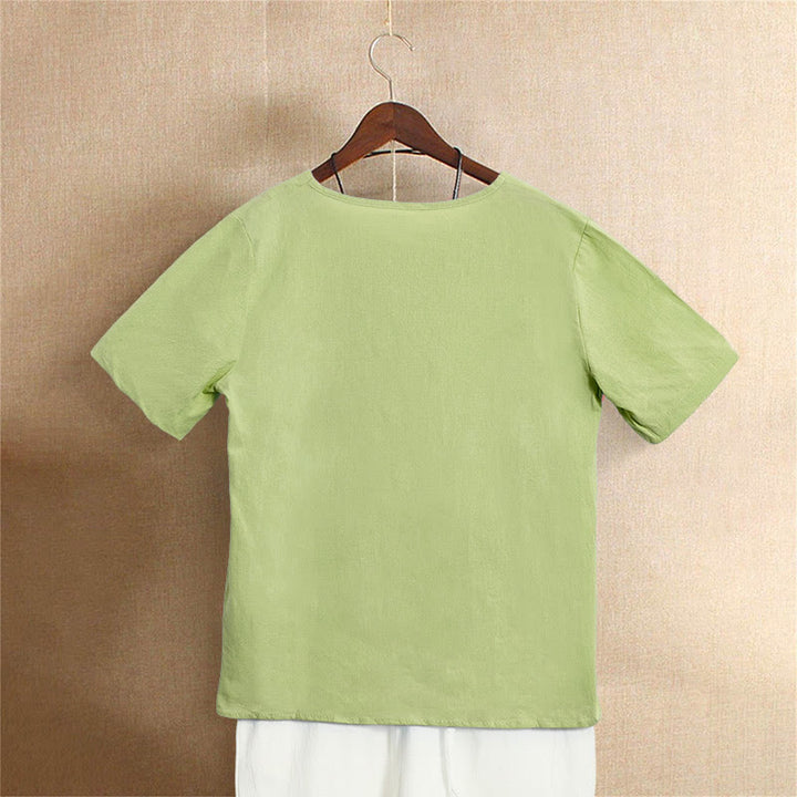 Buddha Stones Casual Lato Czysty Kolor Żakard Guziki Okrągły Dekolt Bawełna Damska Koszulka Z Krótkim Rękawem - image 21