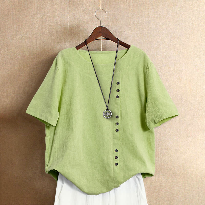 Buddha Stones Casual Lato Czysty Kolor Żakard Guziki Okrągły Dekolt Bawełna Damska Koszulka Z Krótkim Rękawem - Jasnozielony - US18, UK/AU22, EU50 (5XL) - image 20