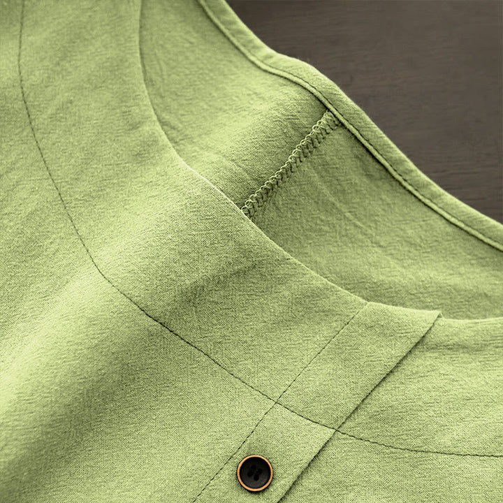 Buddha Stones Casual Lato Czysty Kolor Żakard Guziki Okrągły Dekolt Bawełna Damska Koszulka Z Krótkim Rękawem - image 22