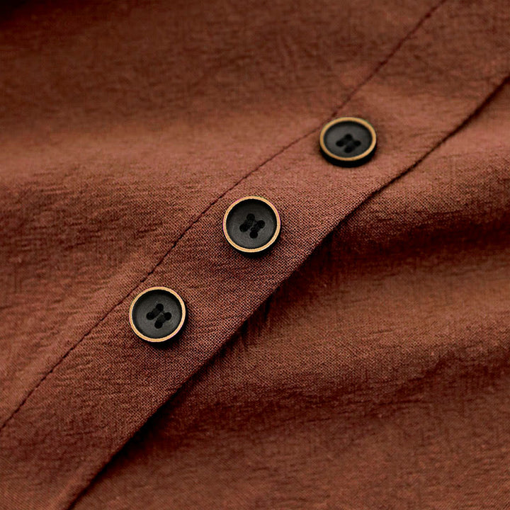 Buddha Stones Casual Lato Czysty Kolor Żakard Guziki Okrągły Dekolt Bawełna Damska Koszulka Z Krótkim Rękawem - image 28