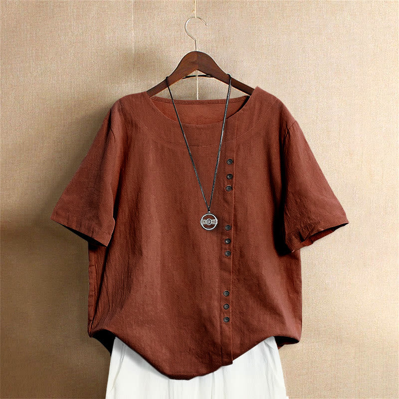 Buddha Stones Casual Lato Czysty Kolor Żakard Guziki Okrągły Dekolt Bawełna Damska Koszulka Z Krótkim Rękawem - Sjena - US18, UK/AU22, EU50 (5XL) - image 25