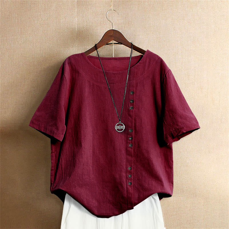 Buddha Stones Casual Lato Czysty Kolor Żakard Guziki Okrągły Dekolt Bawełna Damska Koszulka Z Krótkim Rękawem - Cegła ogniotrwała - US18, UK/AU22, EU50 (5XL) - image 30