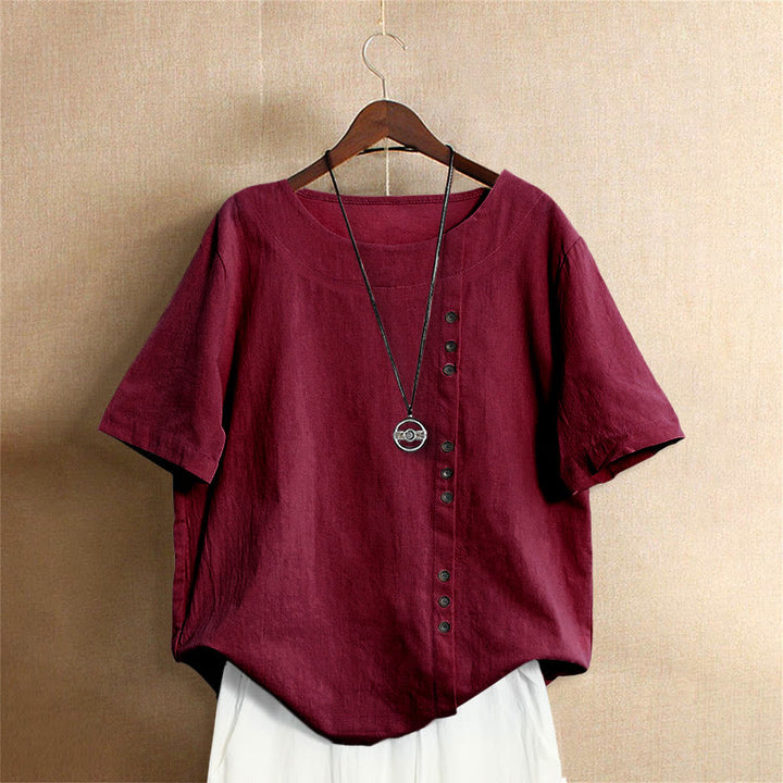 Buddha Stones Casual Lato Czysty Kolor Żakard Guziki Okrągły Dekolt Bawełna Damska Koszulka Z Krótkim Rękawem - Cegła ogniotrwała - US18, UK/AU22, EU50 (5XL) - image 30