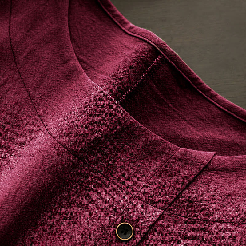 Buddha Stones Casual Lato Czysty Kolor Żakard Guziki Okrągły Dekolt Bawełna Damska Koszulka Z Krótkim Rękawem - image 32