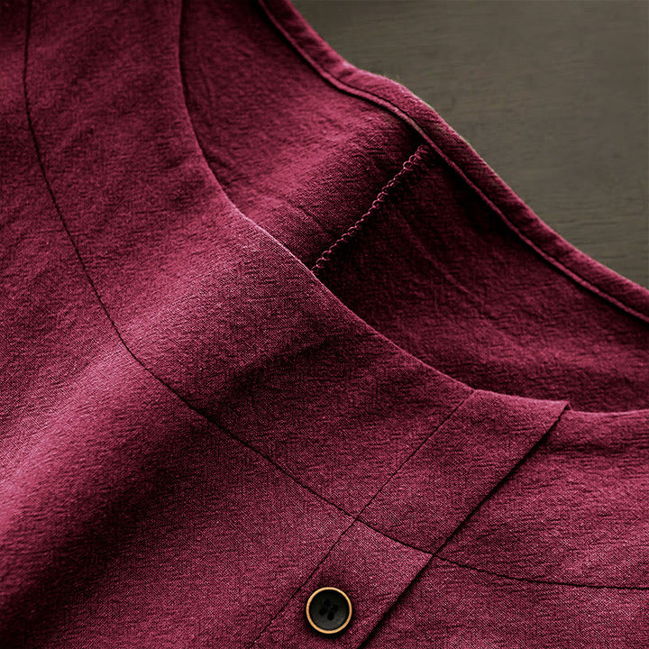 Buddha Stones Casual Lato Czysty Kolor Żakard Guziki Okrągły Dekolt Bawełna Damska Koszulka Z Krótkim Rękawem - image 32