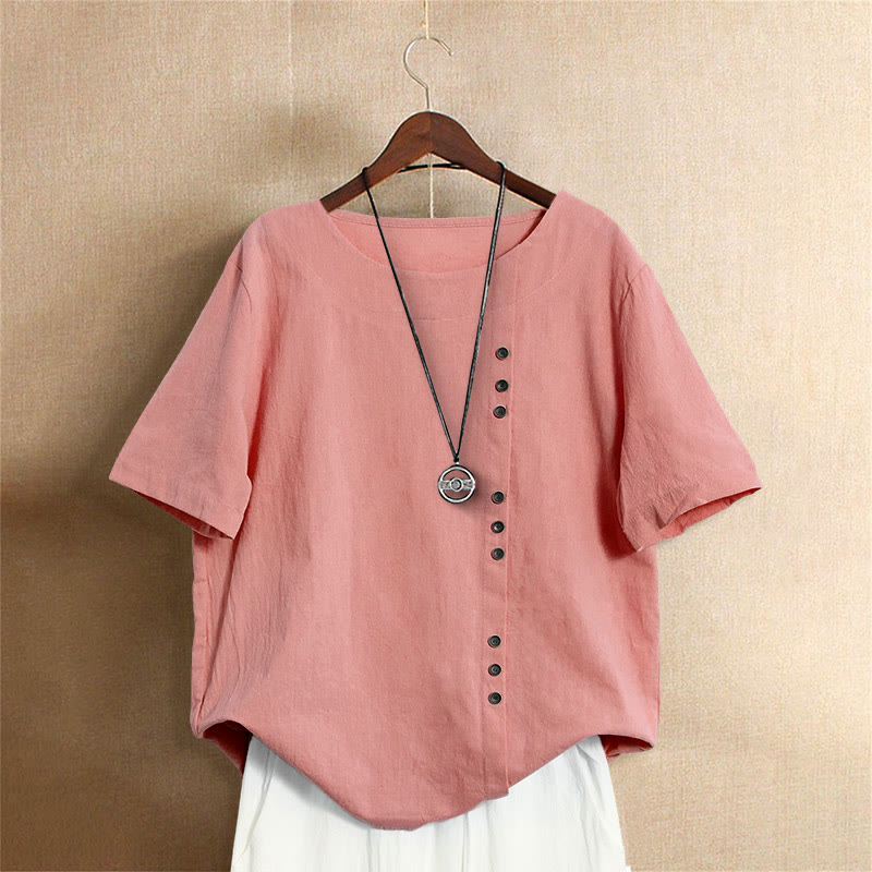 Buddha Stones Casual Lato Czysty Kolor Żakard Guziki Okrągły Dekolt Bawełna Damska Koszulka Z Krótkim Rękawem - Łosoś - US18, UK/AU22, EU50 (5XL) - image 35