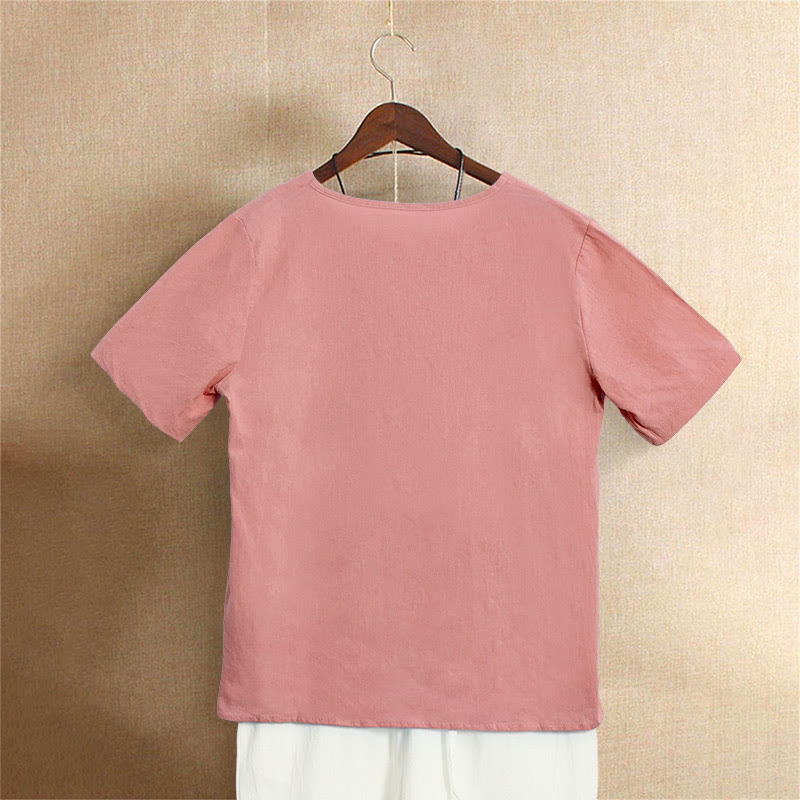 Buddha Stones Casual Lato Czysty Kolor Żakard Guziki Okrągły Dekolt Bawełna Damska Koszulka Z Krótkim Rękawem - image 36