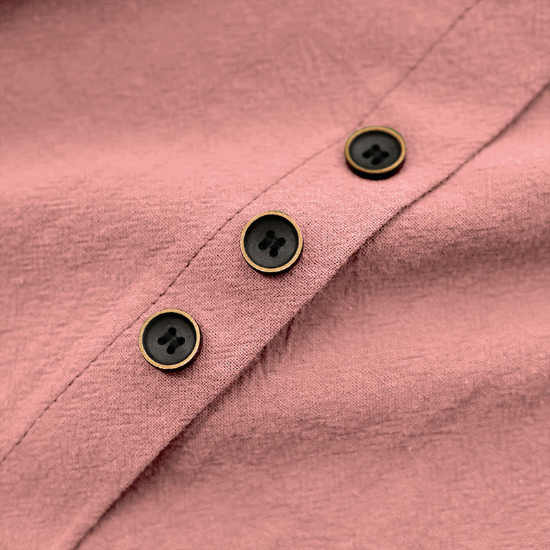 Buddha Stones Casual Lato Czysty Kolor Żakard Guziki Okrągły Dekolt Bawełna Damska Koszulka Z Krótkim Rękawem - image 38