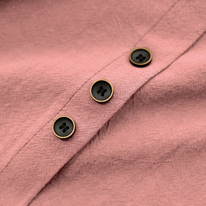 Buddha Stones Casual Lato Czysty Kolor Żakard Guziki Okrągły Dekolt Bawełna Damska Koszulka Z Krótkim Rękawem - image 38