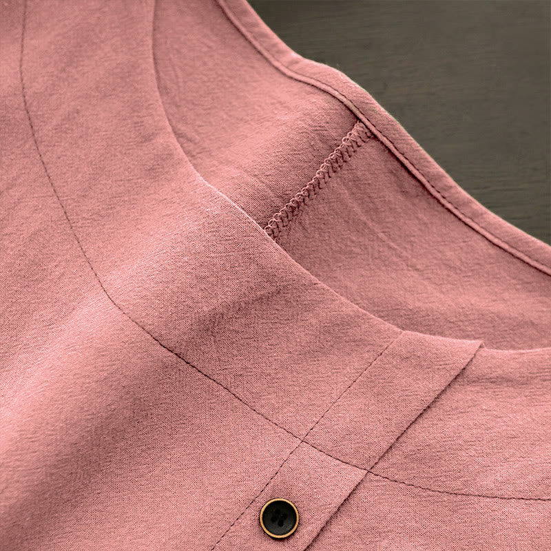 Buddha Stones Casual Lato Czysty Kolor Żakard Guziki Okrągły Dekolt Bawełna Damska Koszulka Z Krótkim Rękawem - image 37